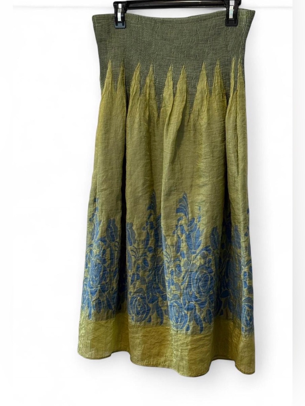 Lapis Cottagecore Olive Green Convertible Midi Skirt with Blue Floral Border OS